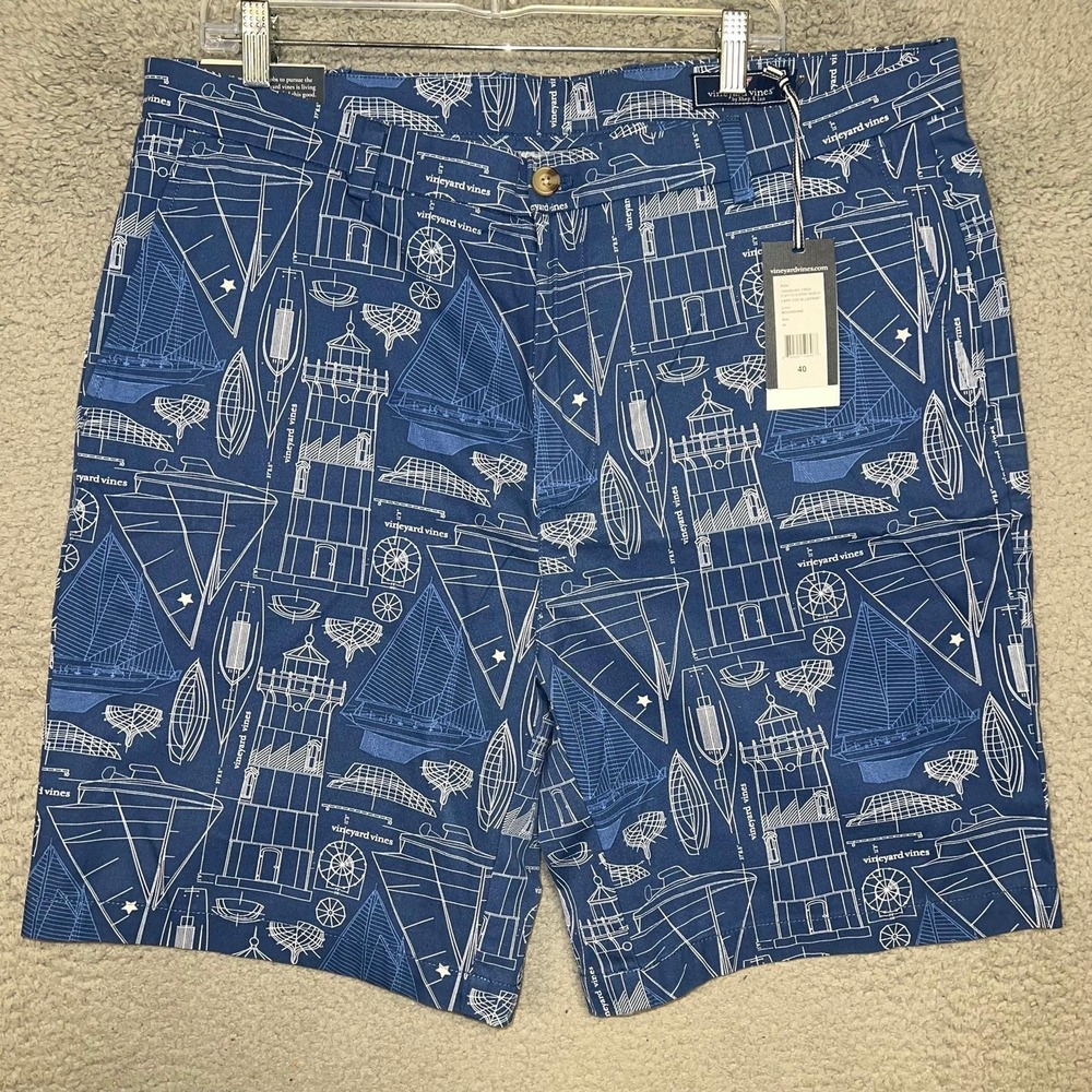 NWT Vineyard Vines Cape Cod Blueprint Breaker Short Mens Sz 40 Blue Nautical AOP